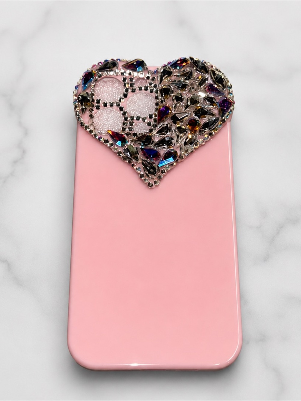 iPhone 14 Pro Max Case - Pink Decorative Heart Phone Case with Rhinestone Accent